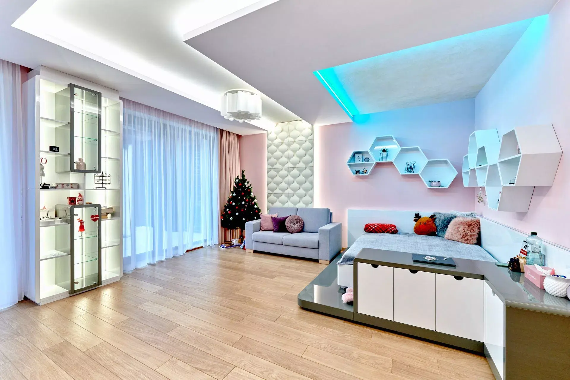 Luxury kid bedroom with beautiful RGBW LED indirect lighting