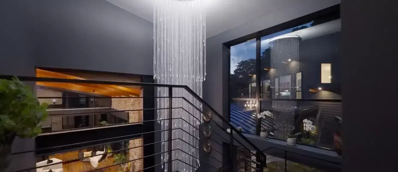EIWA fibre optic chandelier in luxury staircase interior