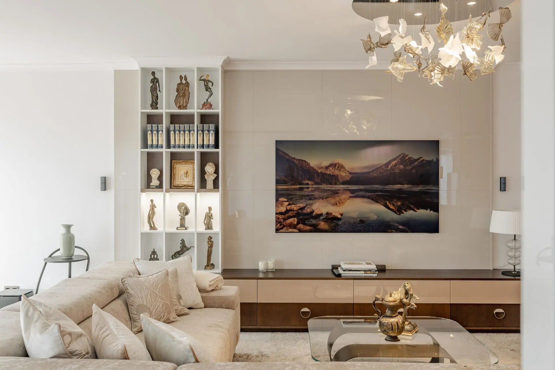 Modern living room with a custom chandelier