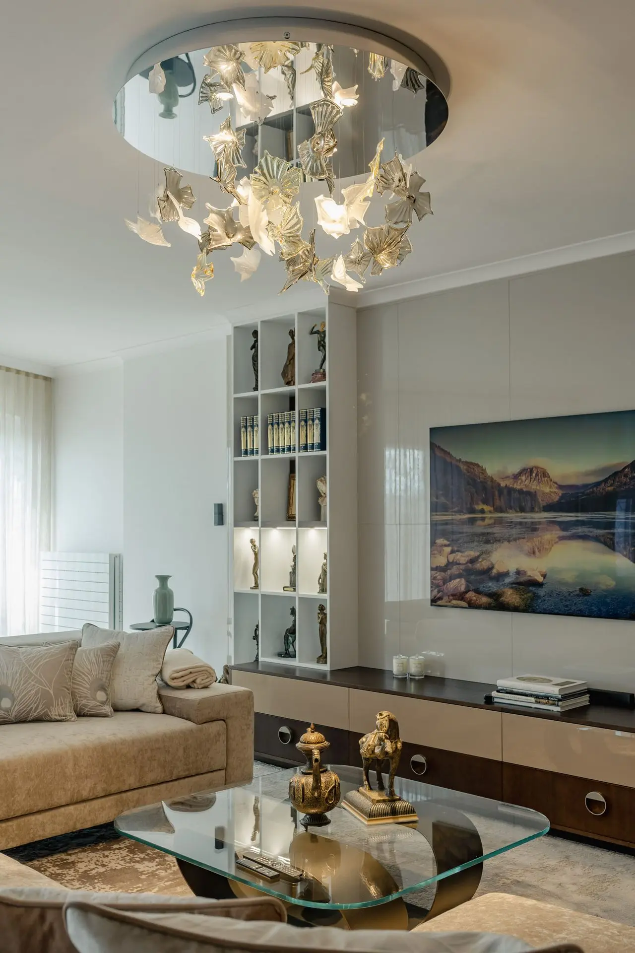 Modern light chandelier with hand blown glass