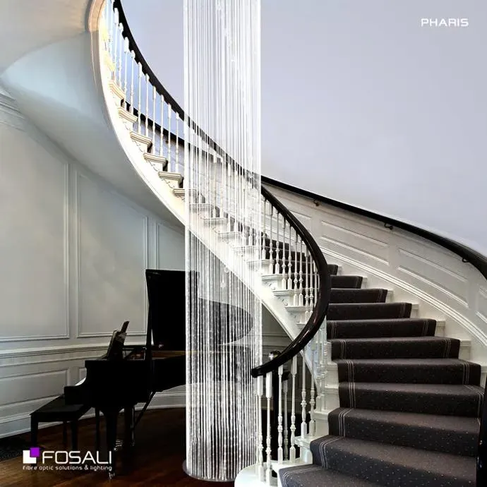FOSALI PHARIS narrow fibre optic modern chandelier ideal for tall staircases side view staircase luxury