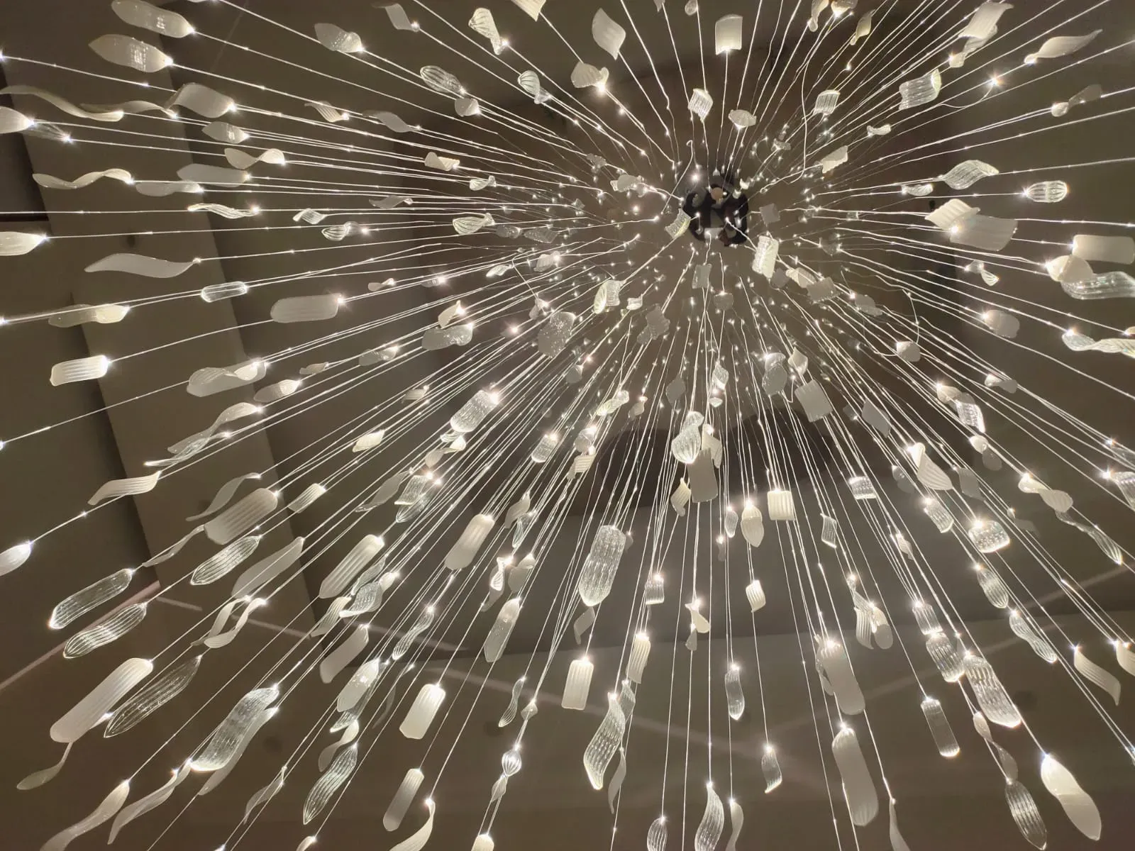 ASTER modern fibre optic decorative chandelier with glass leaves and downlights bottom view