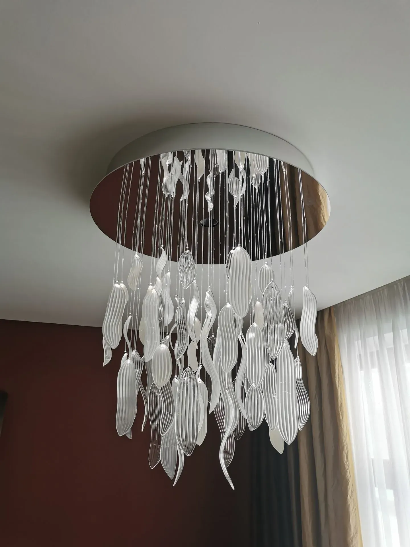 ASTER modern fibre optic decorative chandelier with glass leaves and downlights round shape off