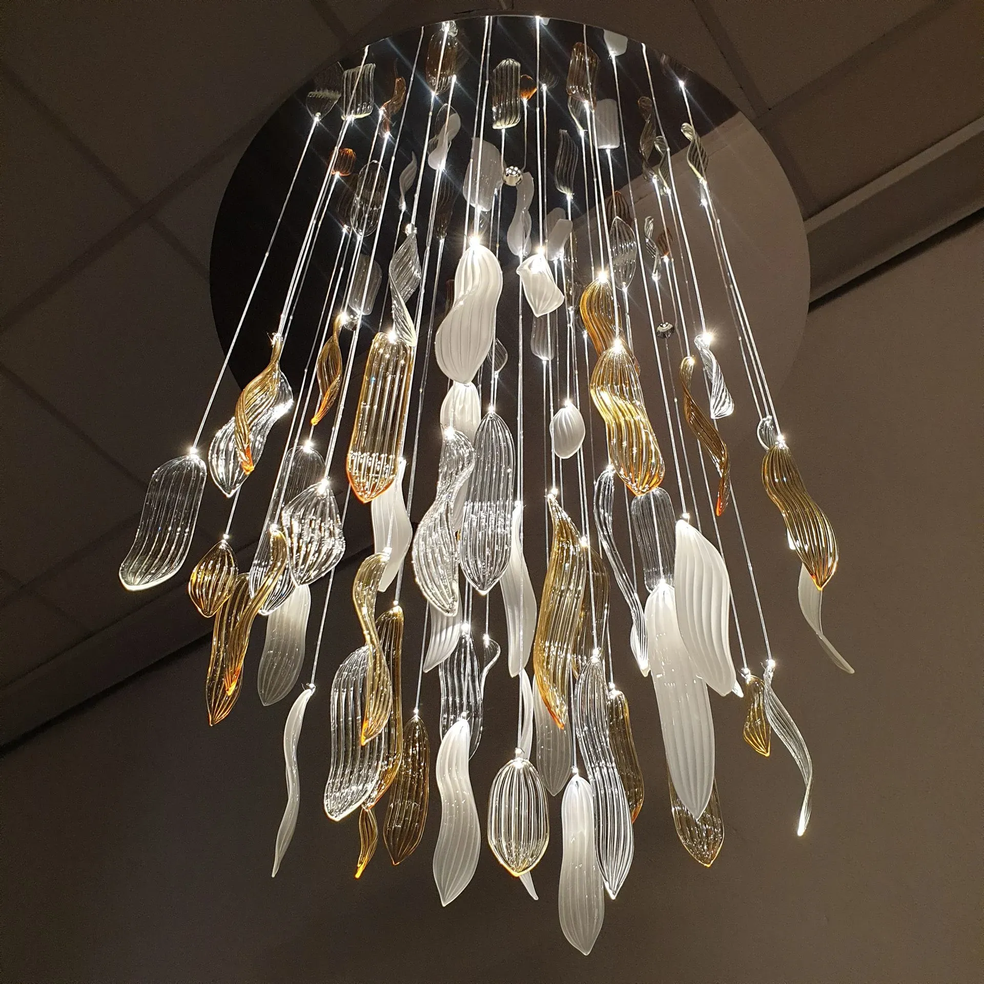 ASTER modern fibre optic decorative chandelier with glass leaves and downlights golden glass leaves