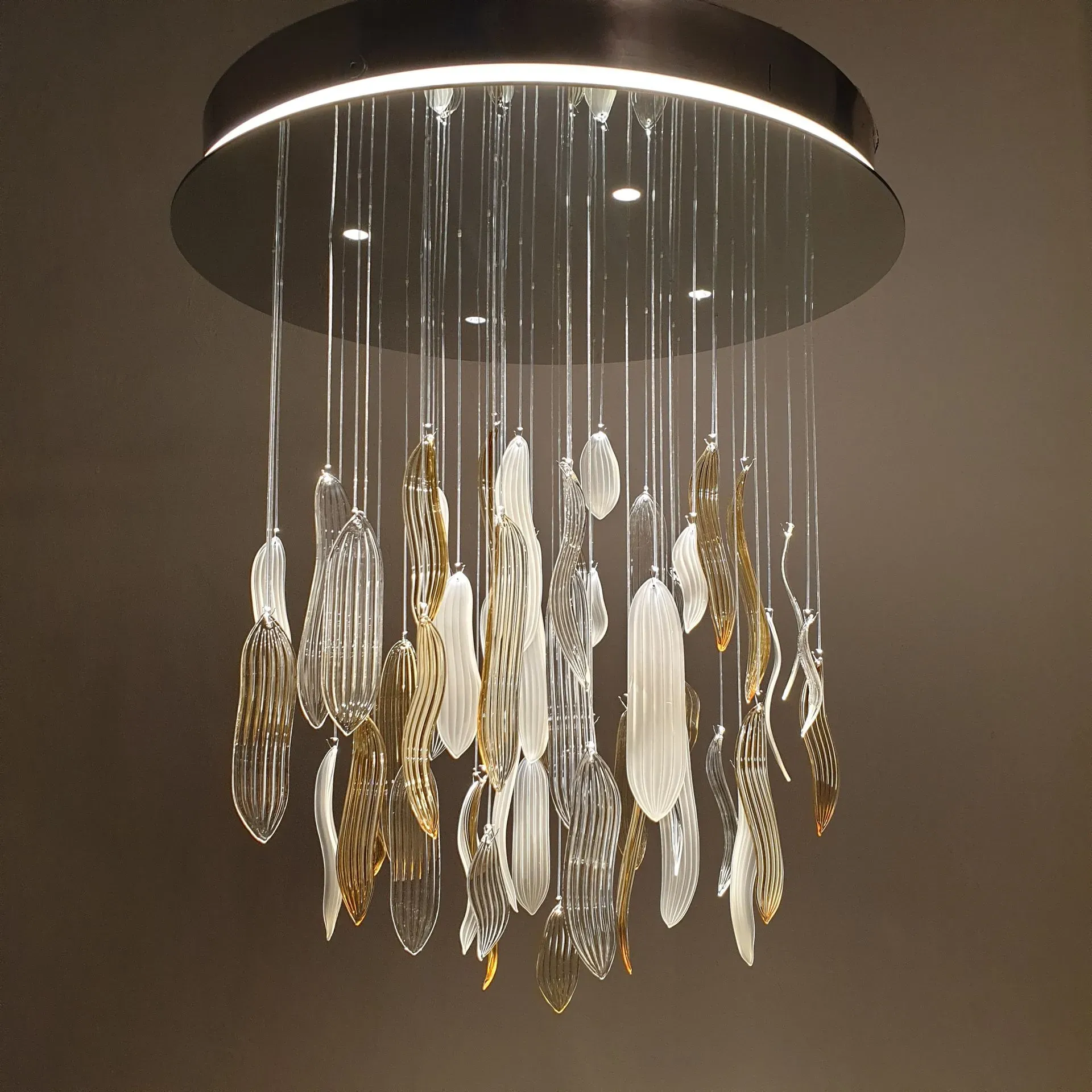 ASTER modern fibre optic decorative chandelier with glass leaves and downlights gold glass sideview