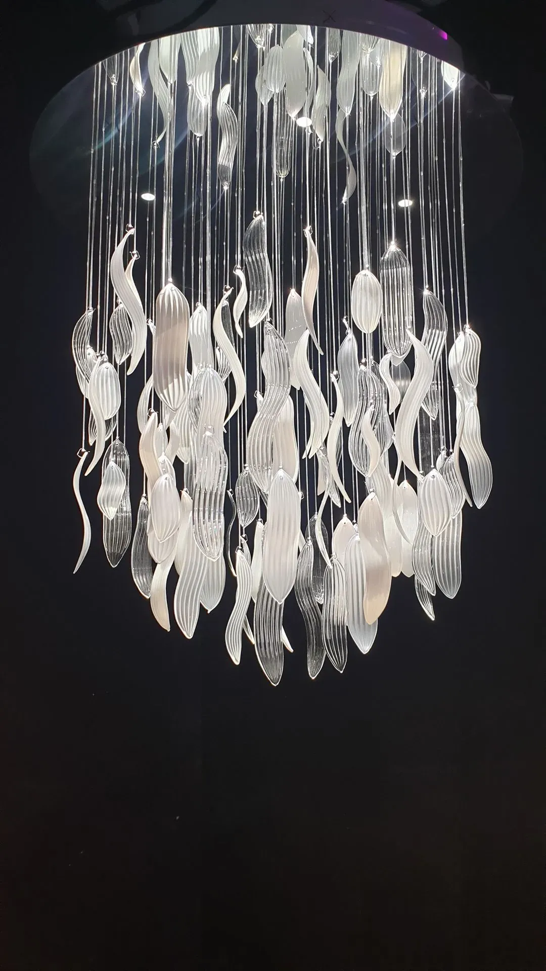 ASTER modern fibre optic decorative chandelier with glass leaves and downlights peral white