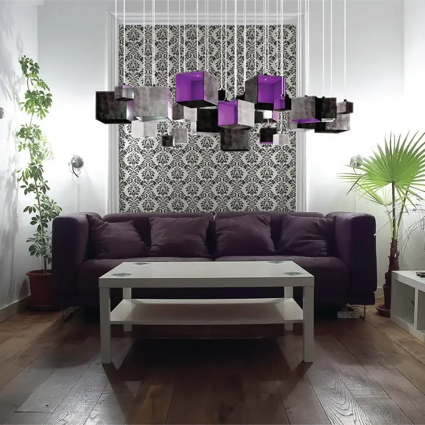 Purple GRAIN chandelier for modern interior with minimalistic concrete design made of fibre optic